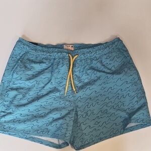 J. Crew Bright Blue Wave Yellow Accents Mens Swim Trunks L Large 5" Inseam NEW